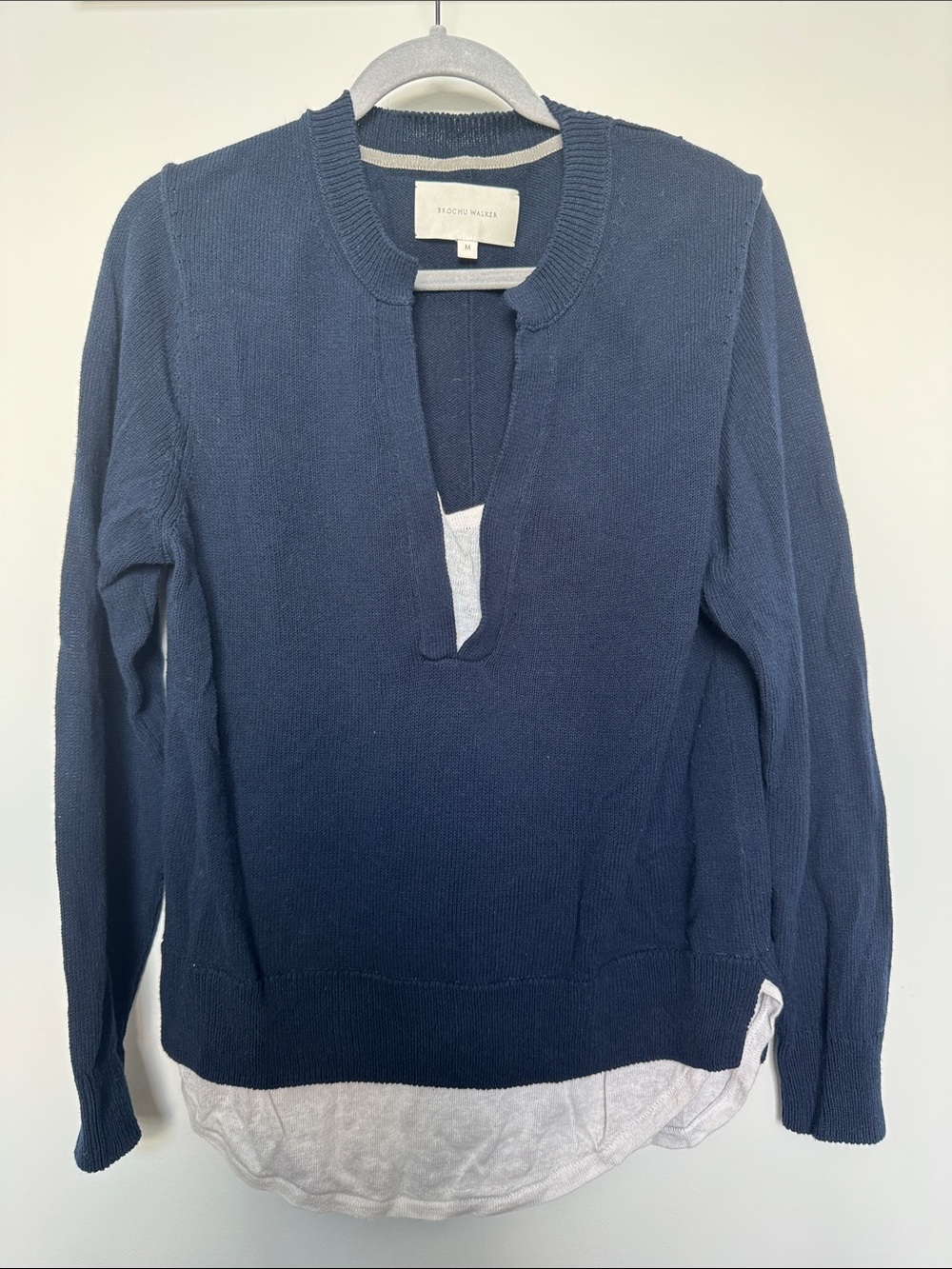 Brochu Walker Navy V-Neck Layered Pullover with White Hem